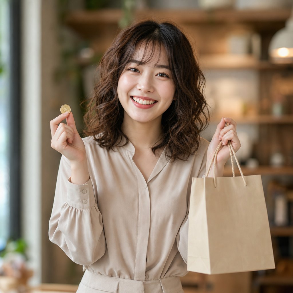 買い物袋とコインを持って喜ぶおねえさん