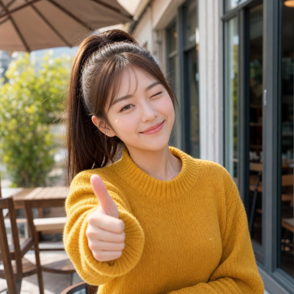 親指を立てて応援するおねえさん